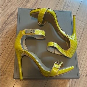 BCBGMaxAzria Lime Green Snake-Embossed Ankle-Strap Stiletto Sandals